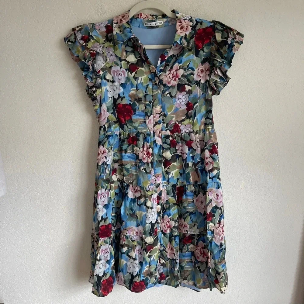 Alice + Olivia Meeko Breeze Floral Ruffled Mini Dress Button Down - Picture 2 of 5